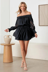 Smocked Off Shoulder Lace Sleeve Mini Dress