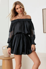 Smocked Off Shoulder Lace Sleeve Mini Dress