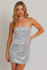 Silver Sequin Spaghetti Strap Mini Dress