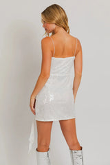 White Sequin Spaghetti Strap Flower Detail Mini Dress