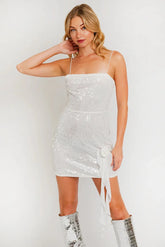 White Sequin Spaghetti Strap Flower Detail Mini Dress