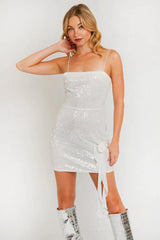 White Sequin Spaghetti Strap Flower Detail Mini Dress