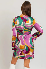 Satin Retro Long Sleeve Front Tie Mini Dress