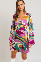 Satin Retro Long Sleeve Front Tie Mini Dress