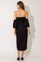 Satin Off Shoulder Puff Sleeve Midi Dress