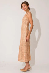Sequin Sleeveless Round Neck Back Slit Maxi Dress