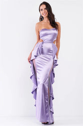 Lilac Satin Sweetheart Neckline Sleeveless Maxi Dress with Ruffle Side Detail