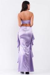 Lilac Satin Sweetheart Neckline Sleeveless Maxi Dress with Ruffle Side Detail