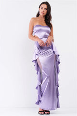 Lilac Satin Sweetheart Neckline Sleeveless Maxi Dress with Ruffle Side Detail