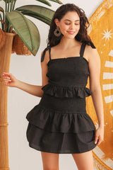 Black Cotton Smocked Ruffle Sleeveless Mini Dress