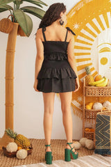 Black Cotton Smocked Ruffle Sleeveless Mini Dress