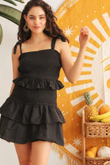 Black Cotton Smocked Ruffle Sleeveless Mini Dress