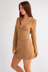 Long Sleeve Front Zipper Blazer Style Mini Dress
