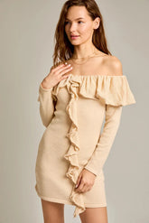 Off Shoulder Ruffle Long Sleeve Sweater Mini Dress