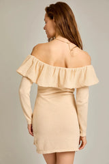 Off Shoulder Ruffle Long Sleeve Sweater Mini Dress