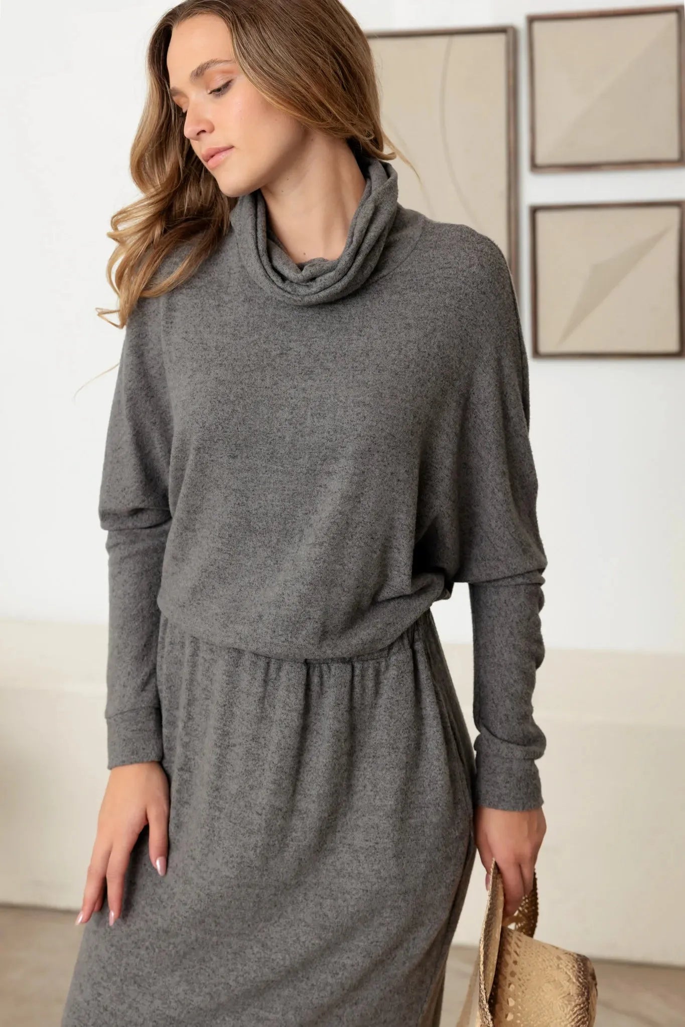 Turtleneck Elastic Waist Long Sleeve Midi Dress