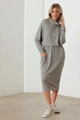 Turtleneck Elastic Waist Long Sleeve Midi Dress