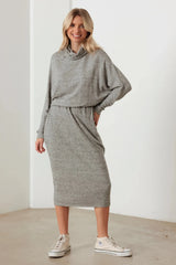Turtleneck Elastic Waist Long Sleeve Midi Dress