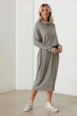 Turtleneck Elastic Waist Long Sleeve Midi Dress