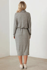 Turtleneck Elastic Waist Long Sleeve Midi Dress