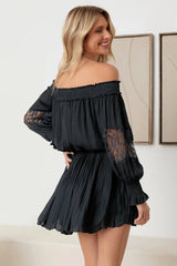 Smocked Off Shoulder Lace Sleeve Mini Dress