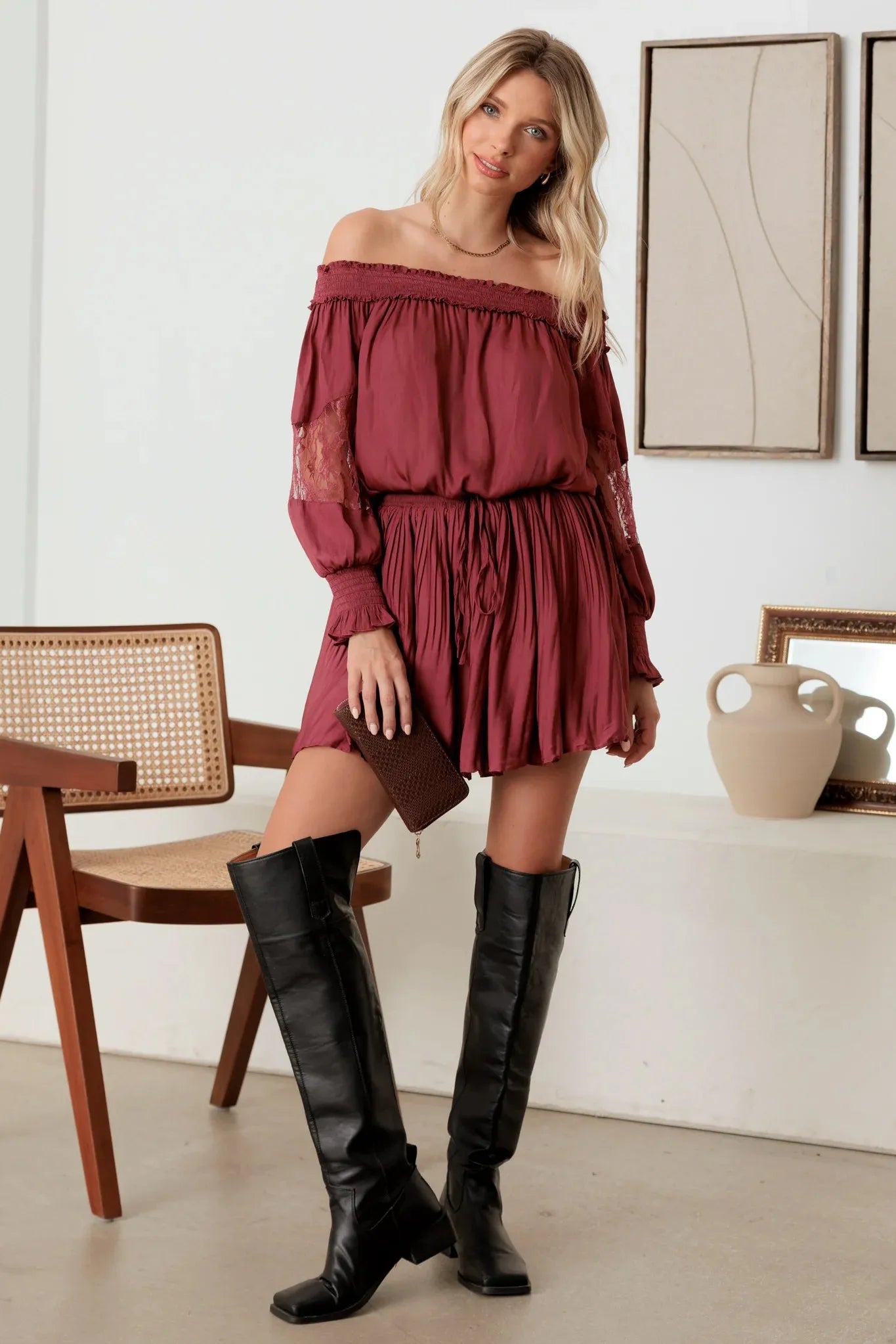 Smocked Off Shoulder Lace Sleeve Mini Dress
