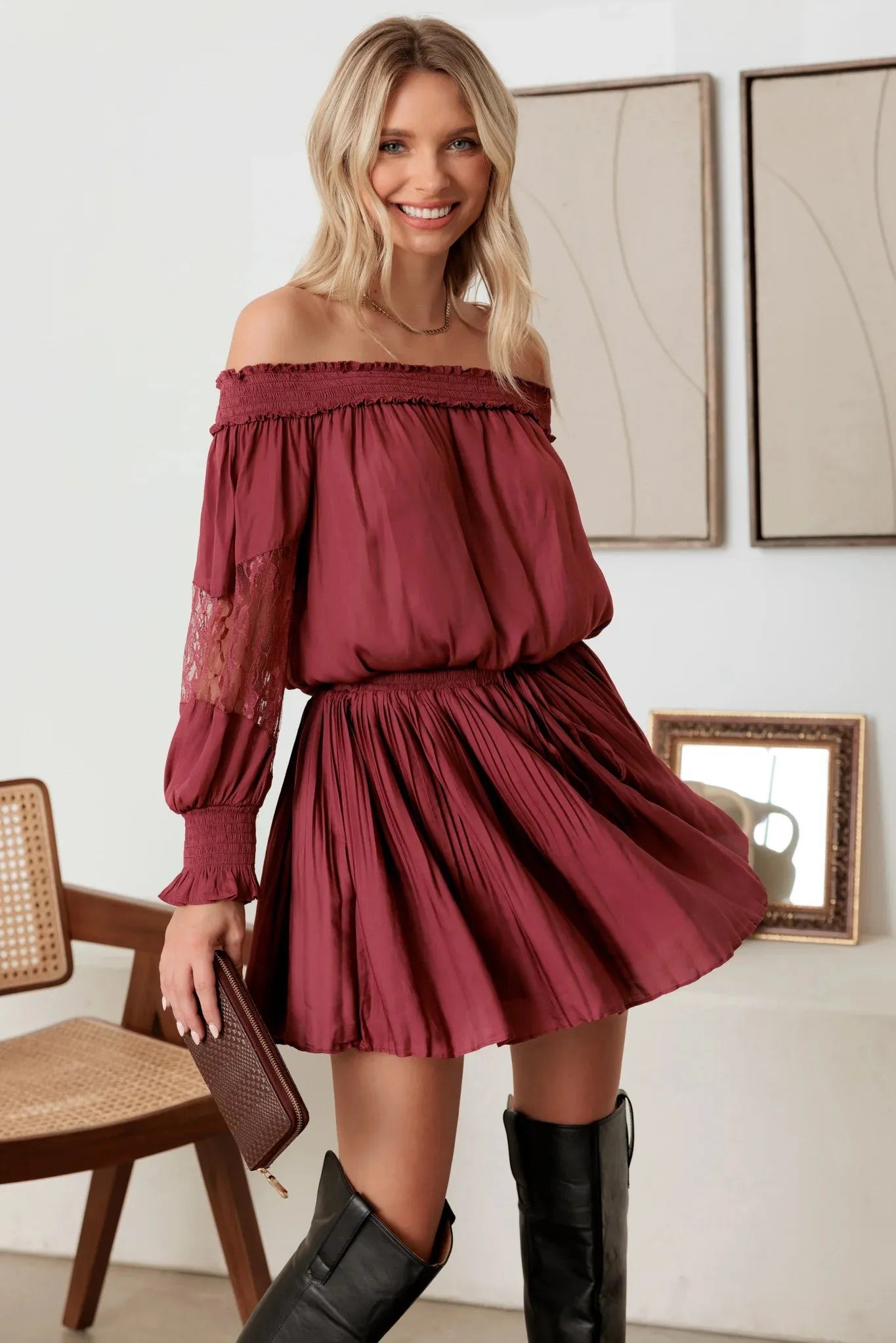 Smocked Off Shoulder Lace Sleeve Mini Dress