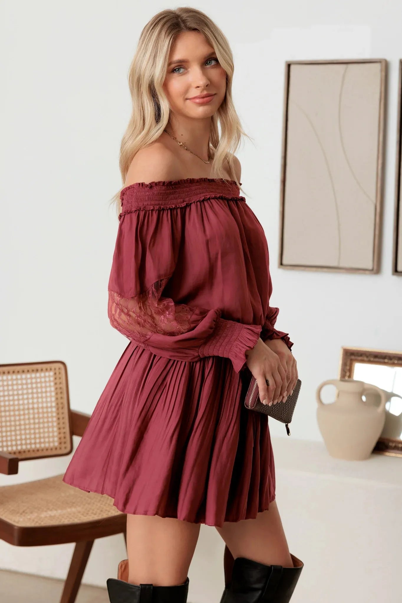 Smocked Off Shoulder Lace Sleeve Mini Dress