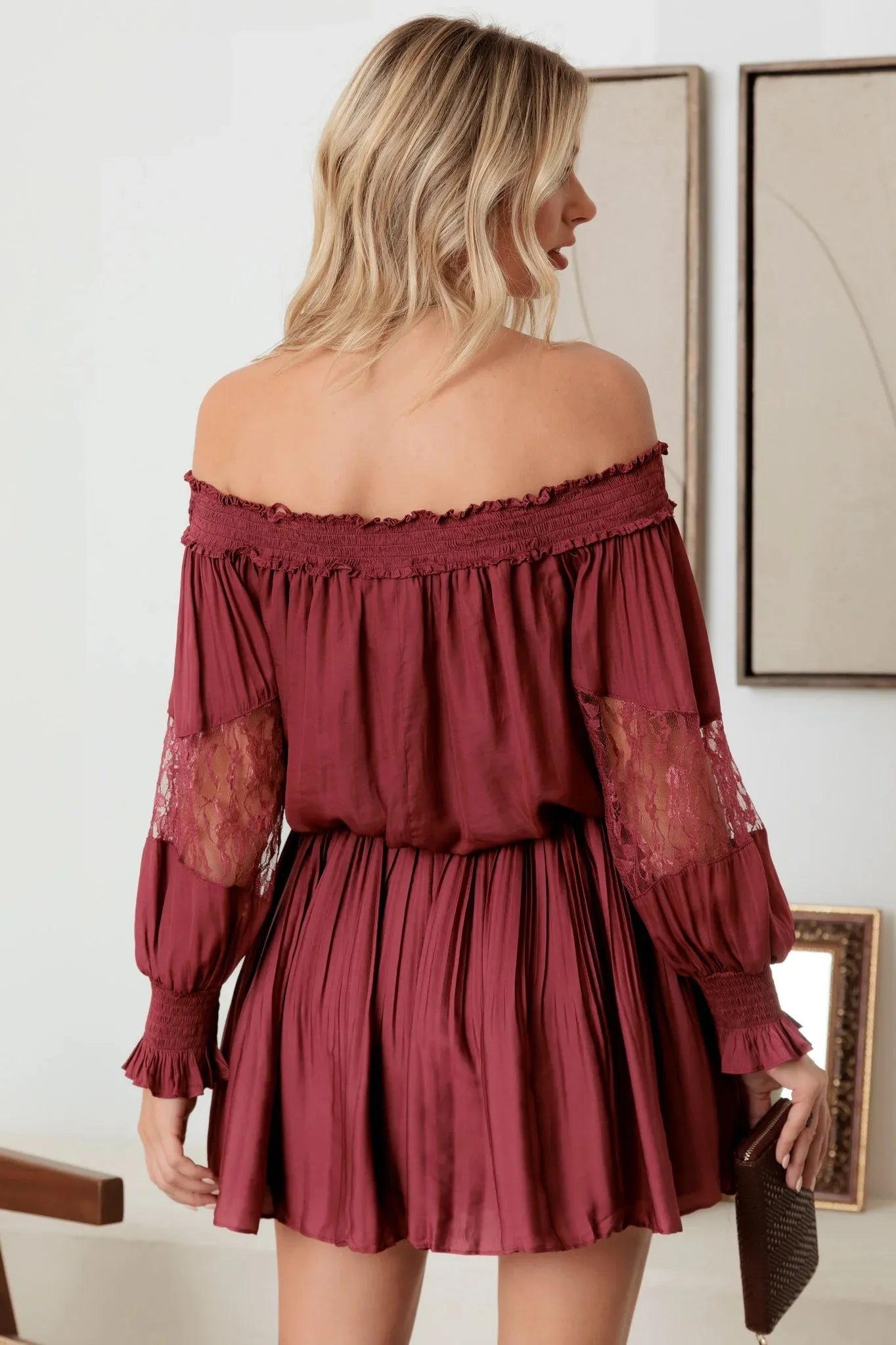 Smocked Off Shoulder Lace Sleeve Mini Dress