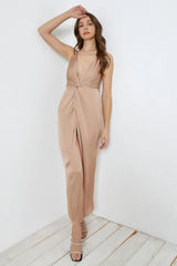 Elegant Front Twist Open Back Slip Midi Dress