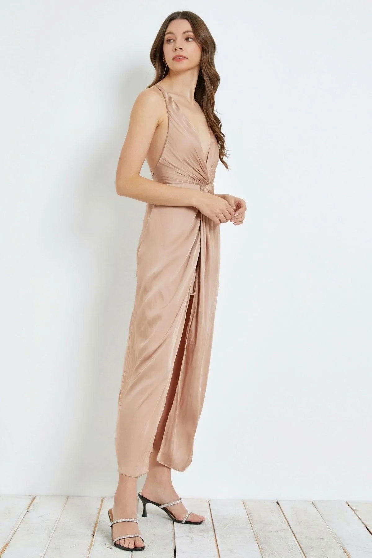 Elegant Front Twist Open Back Slip Midi Dress