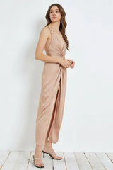 Elegant Front Twist Open Back Slip Midi Dress