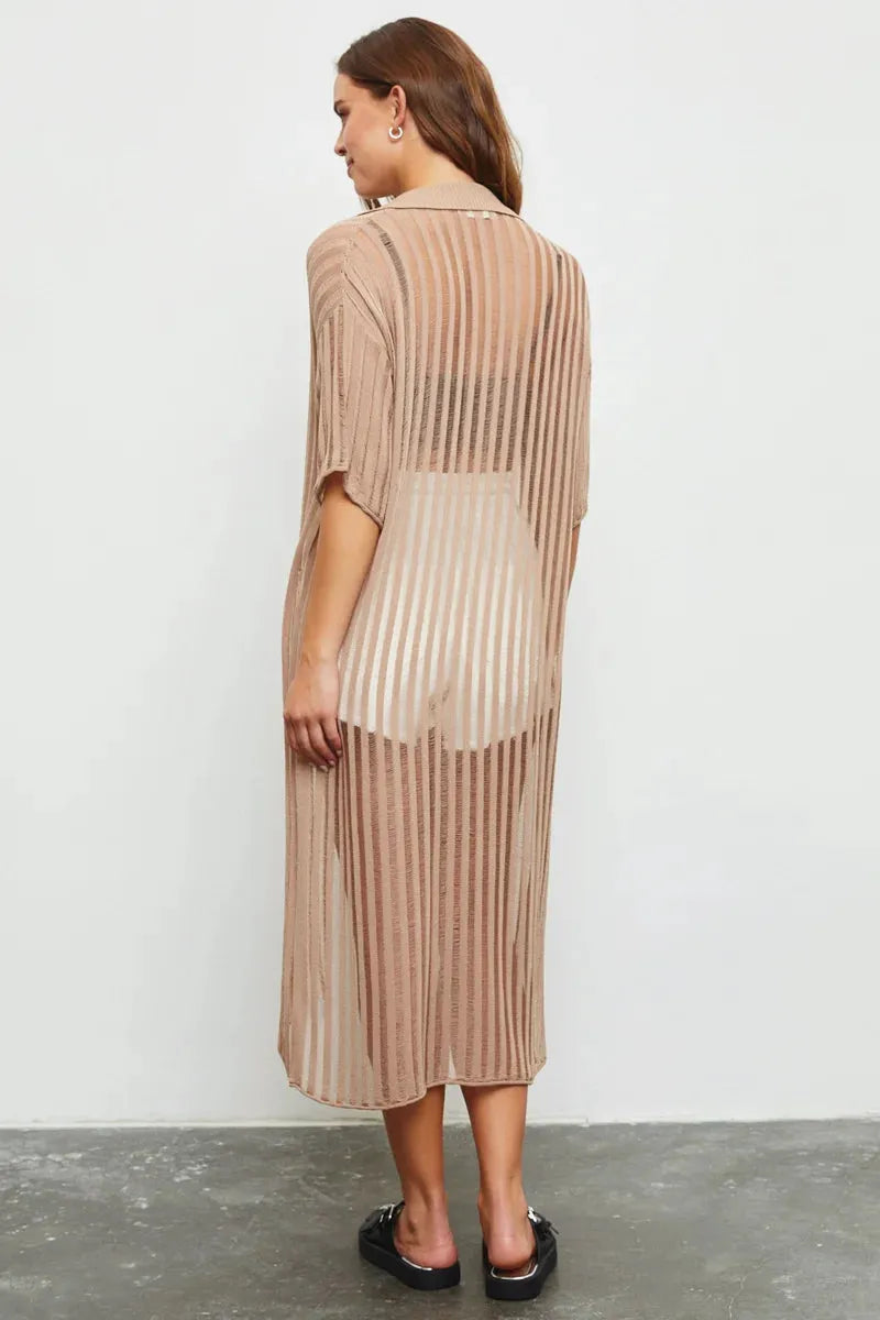 Lightweight Button Down Collar Sheer Duster Dress
