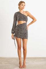 Animal Print One Shoulder Ruched Cut-Out Midi Dress