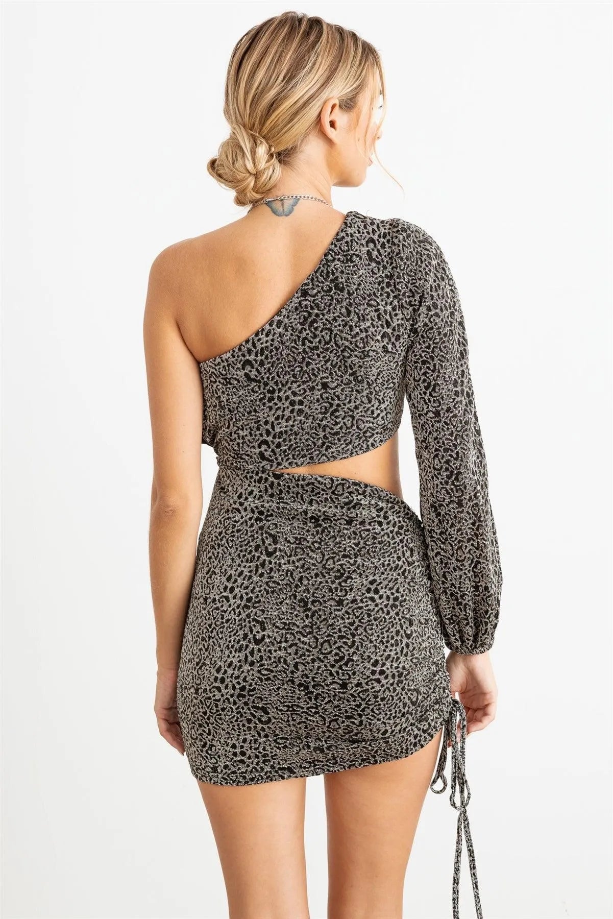 Animal Print One Shoulder Ruched Cut-Out Midi Dress