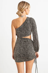 Animal Print One Shoulder Ruched Cut-Out Midi Dress