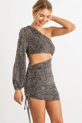 Animal Print One Shoulder Ruched Cut-Out Midi Dress