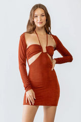 Rust Cut-Out Open Front Long Sleeve Mini Dress