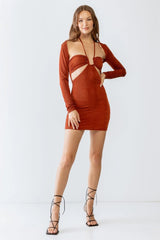 Rust Cut-Out Open Front Long Sleeve Mini Dress