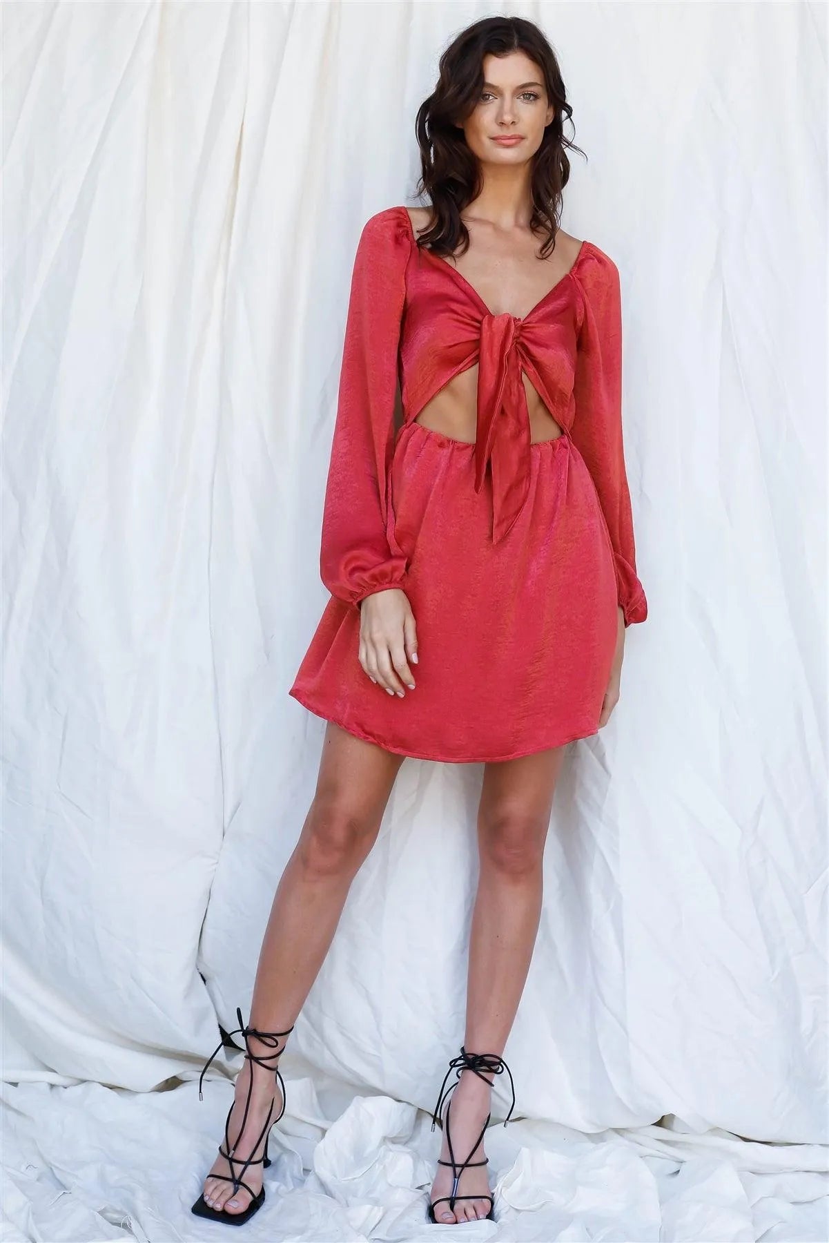 Marsala Red Satin Textured Cut-Out Self-Tie Mini Dress