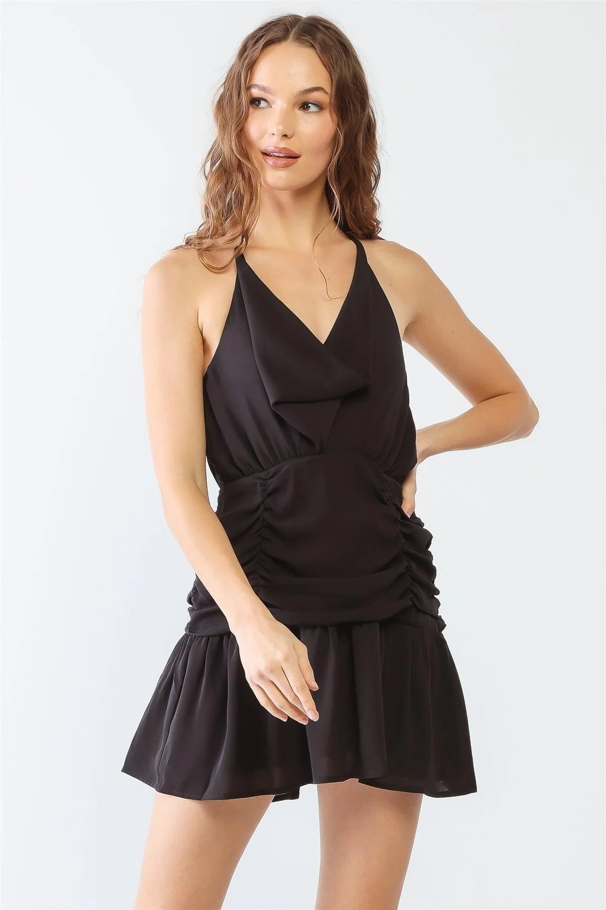Black Cowl Neck Strappy Layered Ruched Mini Dress