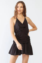 Black Cowl Neck Strappy Layered Ruched Mini Dress