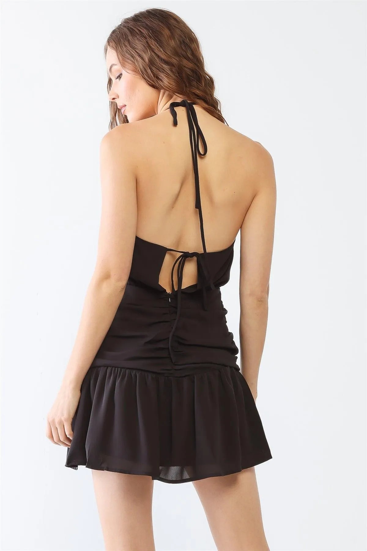 Black Cowl Neck Strappy Layered Ruched Mini Dress