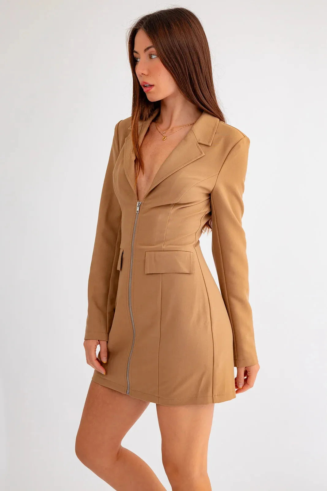 Long Sleeve Front Zipper Blazer Style Mini Dress