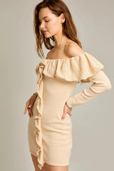Off Shoulder Ruffle Long Sleeve Sweater Mini Dress