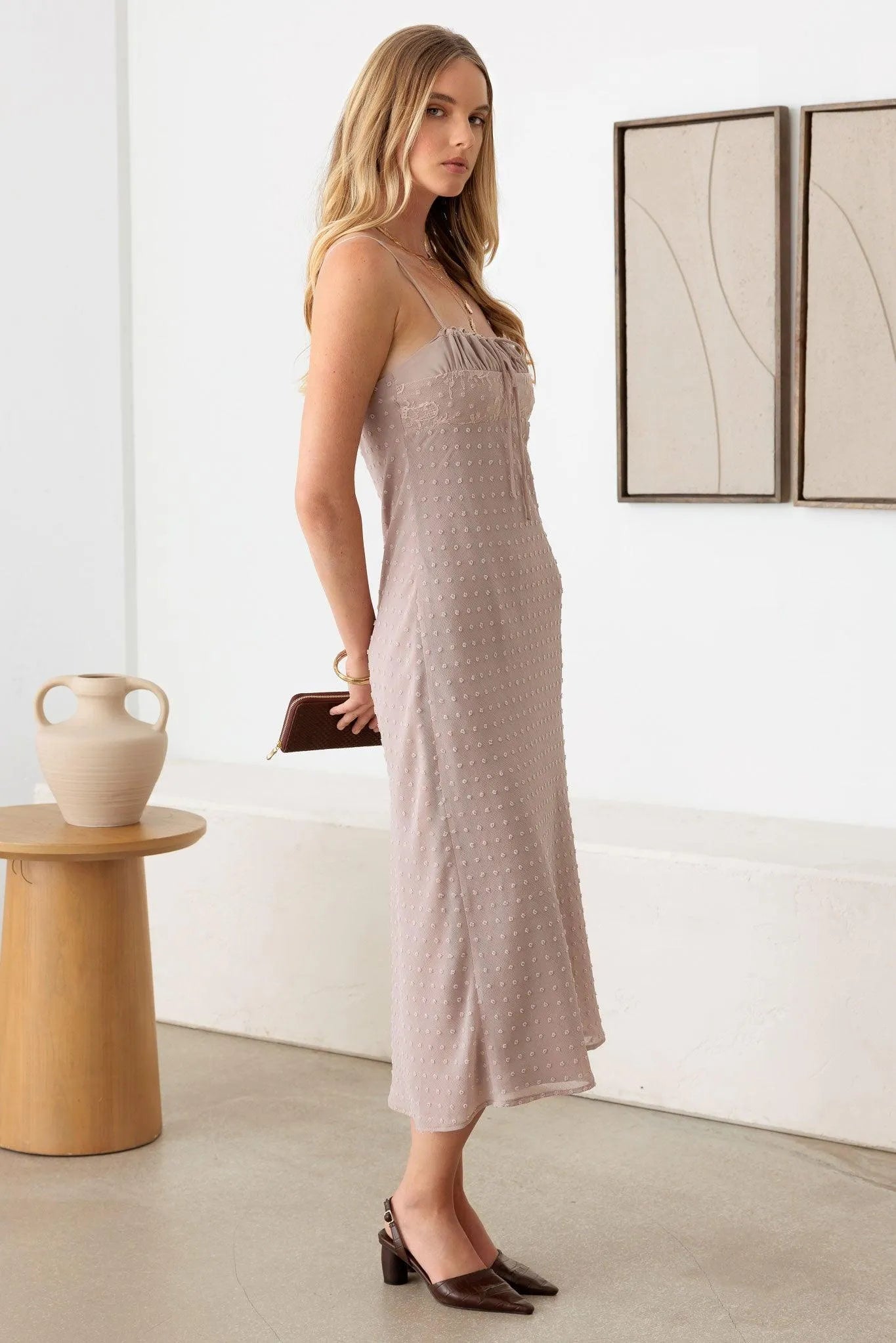 Polka Dot Lace Trim Spaghetti Strap Bias Midi Dress